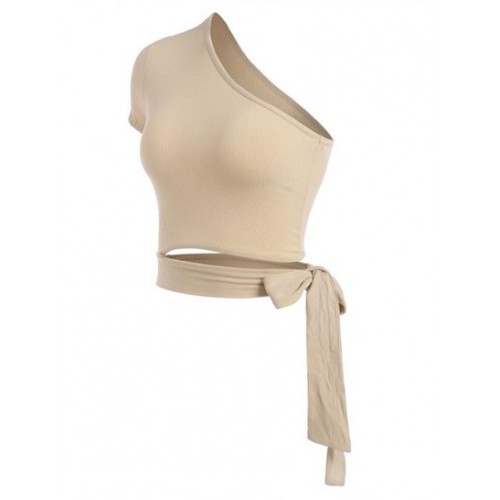 Ribbed Tie Side Cut Out One Shoulder Crop Top
