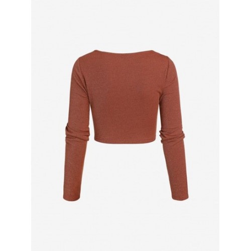 Snap Button Cropped Metallic Ribbed Tee