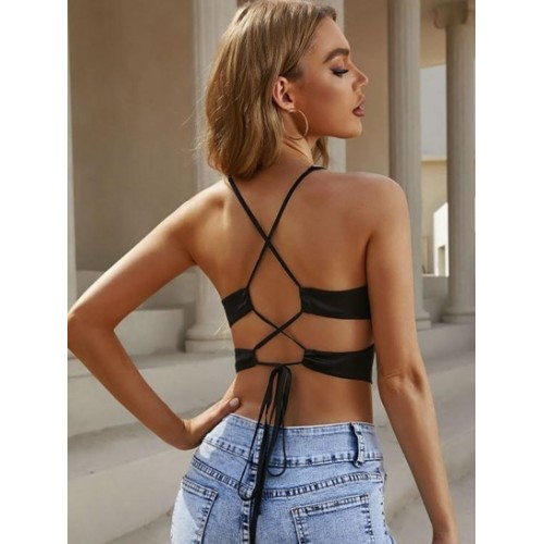 Cut Out Criss Cross Lace Up Open Back Cami Top