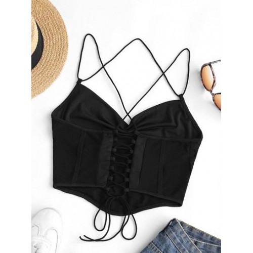 Mesh Panel Lace-up Draped Cami Bralette Top