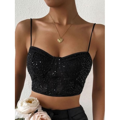 Lace Sequined Crop Corset Camisole