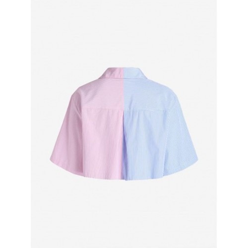 Front Pocket Two Tone Stripes Cropped Shirt