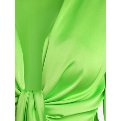 Feather Cuffs Tie Front Slit Crop Blouse