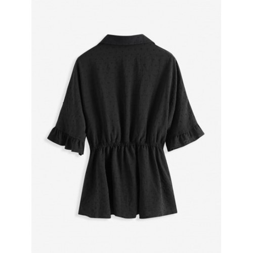 Swiss Dot Half Button Batwing Sleeve Peplum Blouse