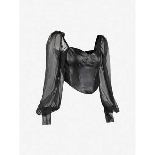 See Thru Puff Sleeve PU Corset Top