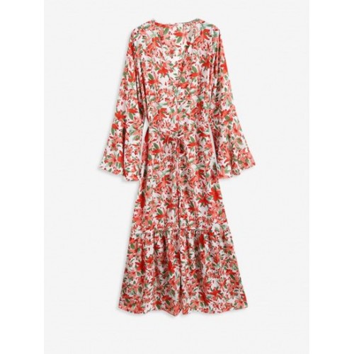 Flower Print Belted Flare Sleeve Maxi Top