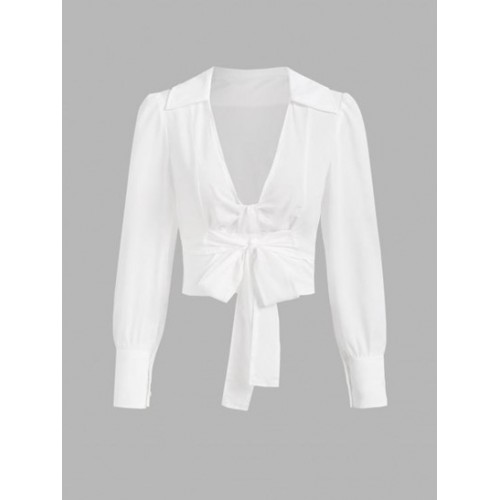 Plunge Front Bowknot Smocked Back Crop Shirt