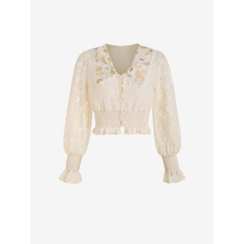 Lettuce Hem Floral Collar Beading Lace Blouse