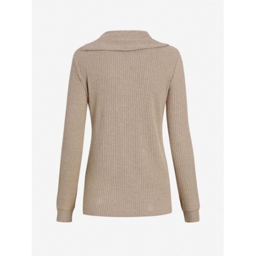 Turn Down Collar Buttoned Ribbed Knit Top