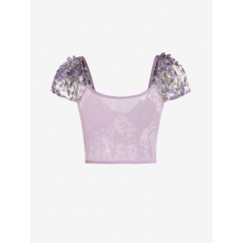 Leaves Embroidered Sheer Mesh Bustier Cropped Top