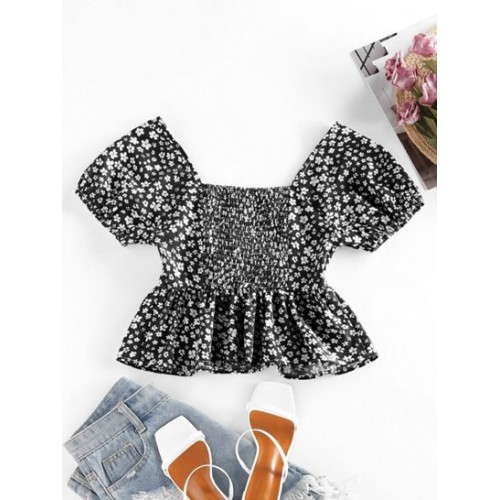 Ditsy Print Smocked Cinched Peplum Blouse