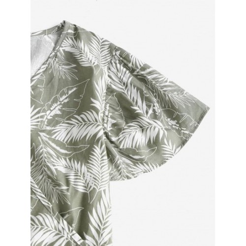 Leaf Print Tropical Surplice Tied Blouse