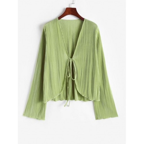 Plisse Pleated Tie Front Top