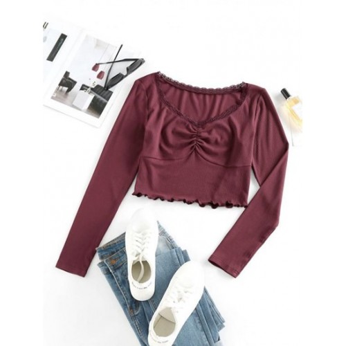 Ribbed Ruched Cropped Lace Trim Tee