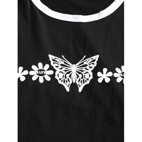 Butterfly Daisy Print Cropped Ringer Tee