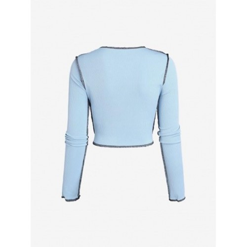 Ribbed Topstitching Tie Front Crop T Shirt