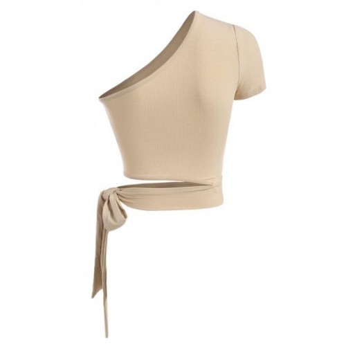 Ribbed Tie Side Cut Out One Shoulder Crop Top