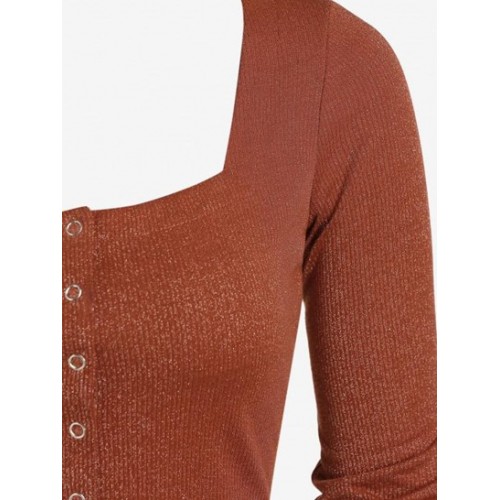 Snap Button Cropped Metallic Ribbed Tee