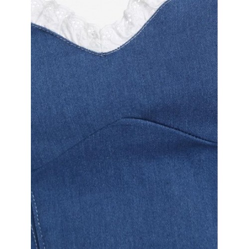 Denim Back Zip Contrast Ruffle Bandeau Corset Top