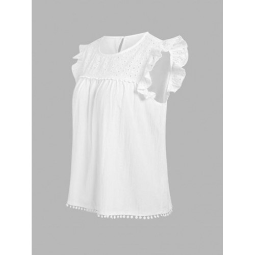 Eyelet Ruffle Pom Pom Blouse