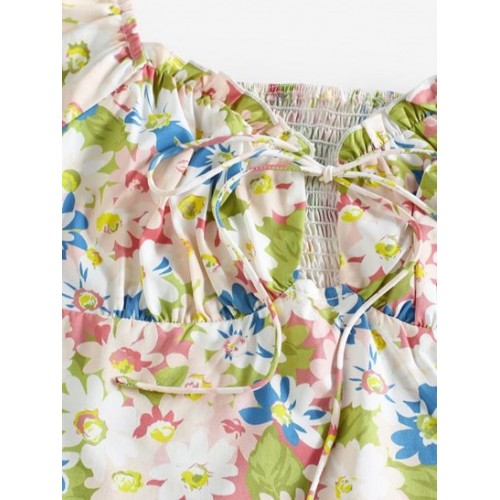 Floral Print Puff Sleeve Shirred Cropped  Blouse