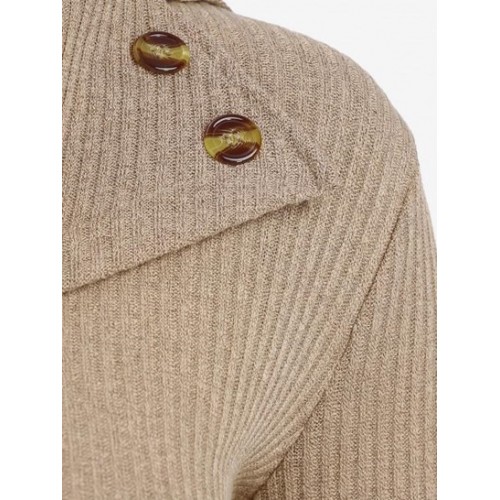 Turn Down Collar Buttoned Ribbed Knit Top