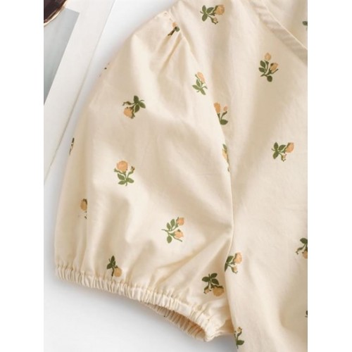 Puff Sleeve Ditsy Print Cropped Blouse