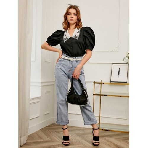 Retro Embroidered Flat Collar Puff Sleeve Blouse