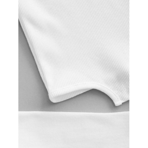Square Collar Rib-knit Grommets Crop Top