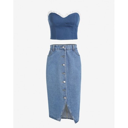 Denim Back Zip Contrast Ruffle Bandeau Corset Top